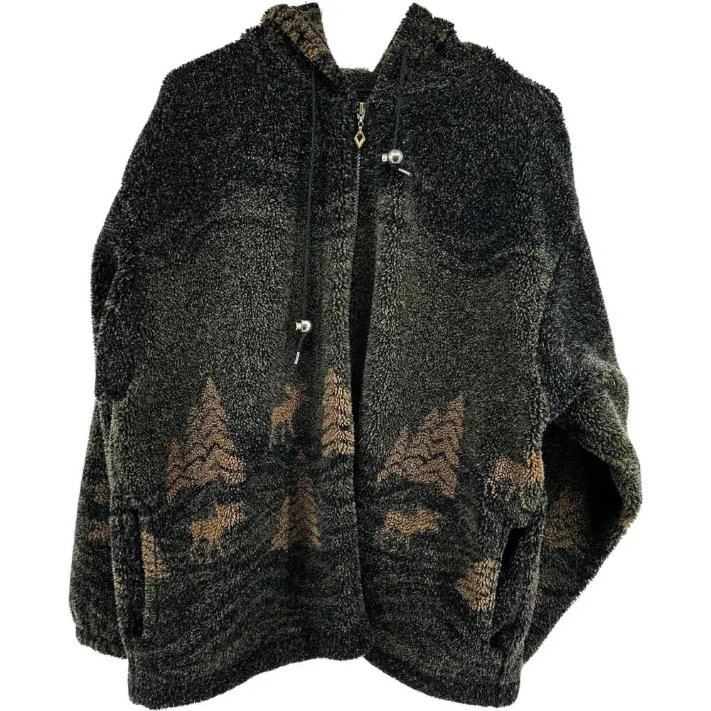 ALPS Teddy Jacket High Pile Fleece Hood Full Zip Moose Trees Print Green Large